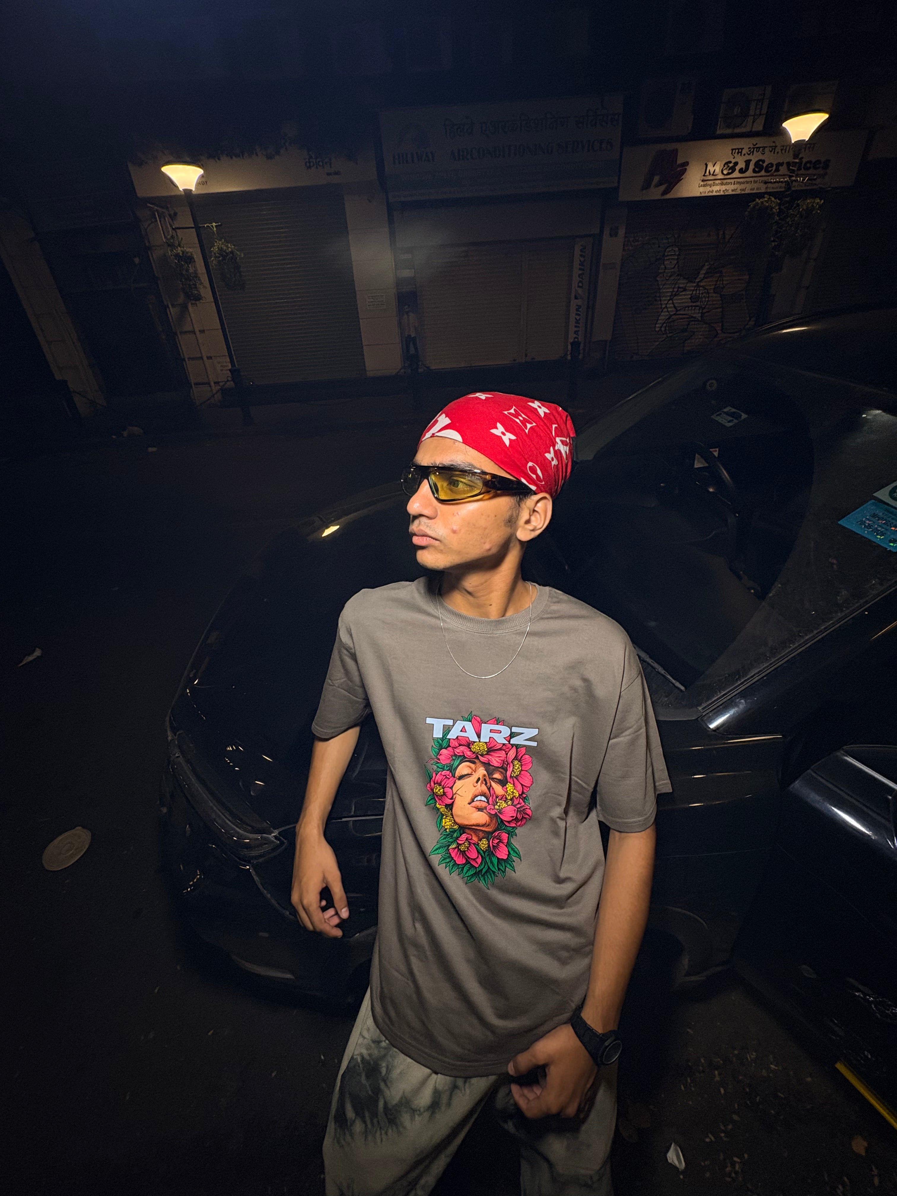 TARZ Floral Face Graphic Tee – Earthy Brown Oversized T-Shirt