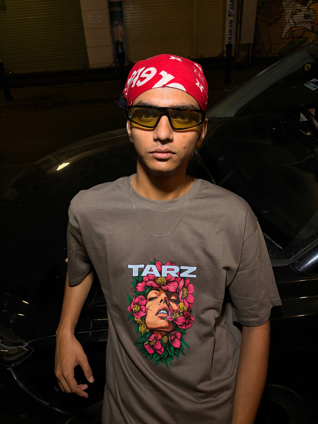 TARZ Floral Face Graphic Tee – Earthy Brown Oversized T-Shirt
