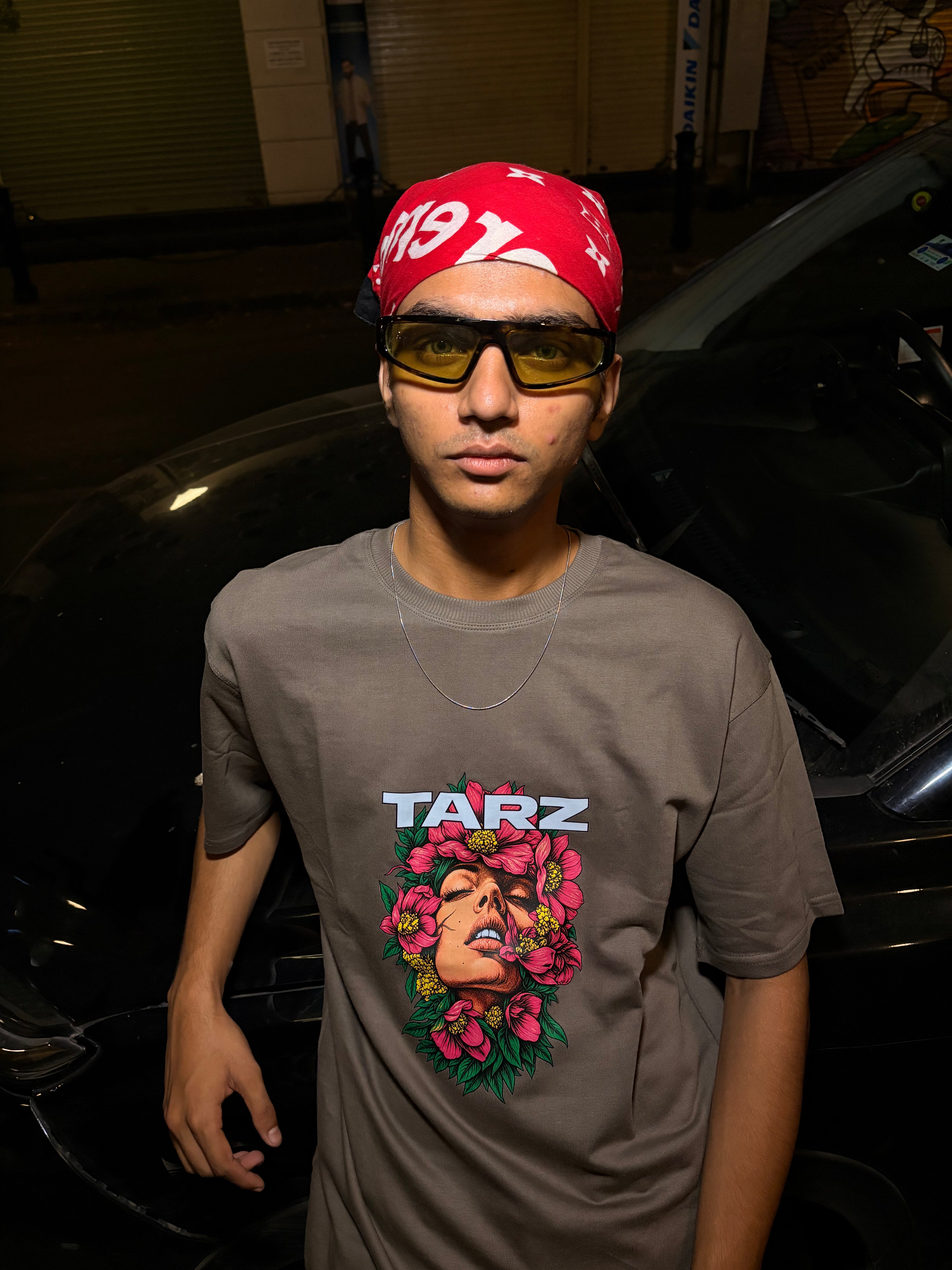 TARZ Floral Face Graphic Tee – Earthy Brown Oversized T-Shirt