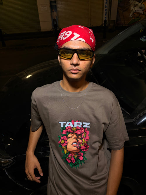 TARZ Floral Face Graphic Tee – Earthy Brown Oversized T-Shirt