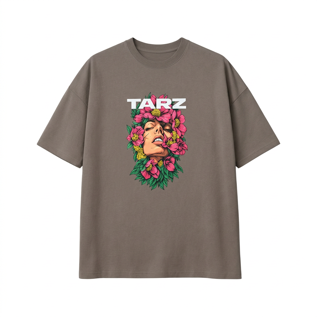 TARZ Floral Face Graphic Tee – Earthy Brown Oversized T-Shirt